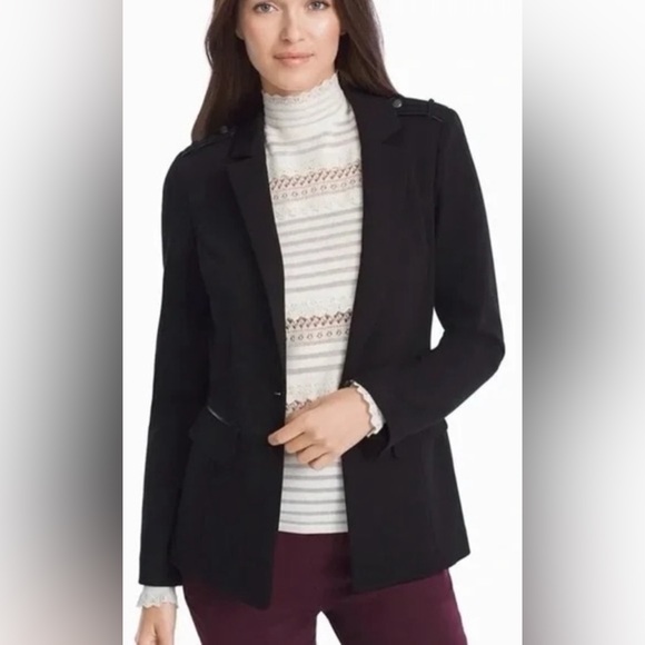 WHBM Blazer Military Blazer Black Epaulets Faux Leather Trim Ponte Crest Buttons - Picture 5 of 10